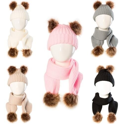 Kids Knitted Scarf And Hat Set Luxury Winter Warm Crochet Hats Caps And Scarves Pom pom Ball Beanie Hat for Boys Girls MZ50