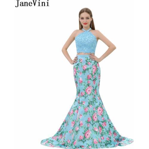 JaneVini Blue Satin Floral Print 2 Pieces Bridesmaid Dresses Halter Lace Applique Beaded Backless Mermaid Prom Gowns Sweep Train