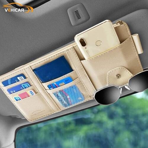 VEHICAR Car Sun Visor Organizer Pocket Sunshade Clip Purse Pen Holder Storage Bags Sunglasses Holder Car Leather Accessories