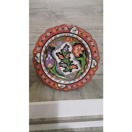 12" Turkish Iznik Raised Single Tulip & Floral Pattern Handpainted Ceramic Plate