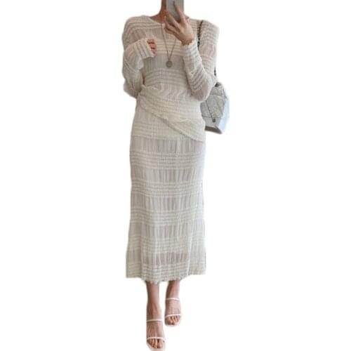 Two Peice Set For Women Wholesale Korean Round Neck Lace Stitching Long-sleeve Shirt & High-waist Straight Long Skirt NS2340