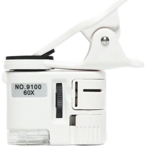 Universal Clip Microscope 60/100X LED Jewelry Magnifying Glass Focusing Adjusted Pocket Microscope with Cell Phone Clip UV Light