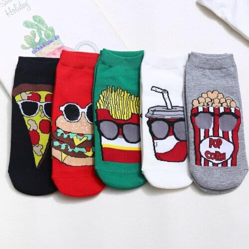 Food With Sunglasses Socks Short Women Cartoon Burgers Fries Pizza Drinks Cotton Personality Fashion Funny Harajuku Ankle Socks