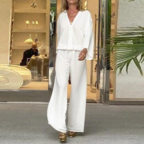 2021 Autumn New Product Sexy V-neck Long-sleeved Top + Wide-Leg Trousers Fashion Two-Piece Female Casual Simple Sportswear