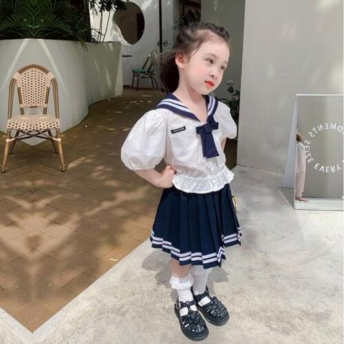 Baby girls clothes two-piece sweet college style navy collar shirt jacket + Half-length skirt 2-8 years Beibei quality clothing