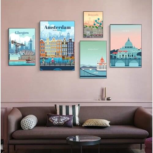 Poster Cartoon City Silhouette People And Nature Landscape Canvas Painting Travel Print Picture Home Decoration Color Wall Art