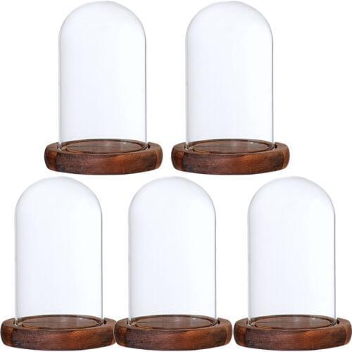5Pcs 7x12cm Clear Glass Dome with Wooden Base for Home Wedding Party Centerpiece Display Stand DIY Decor Brown
