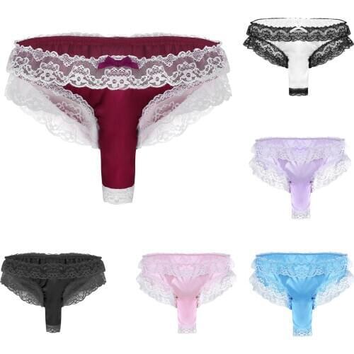 Designed front thong Sexy Mens Lace Briefs Open Butt Low Sissy G-string Thong Underwear Panties трусы эротик Gay underwear T3