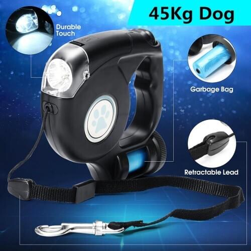 4.5M LED Flashlight 3 in 1 Retractable Pet Dog Leash Lead with Garbage Bag