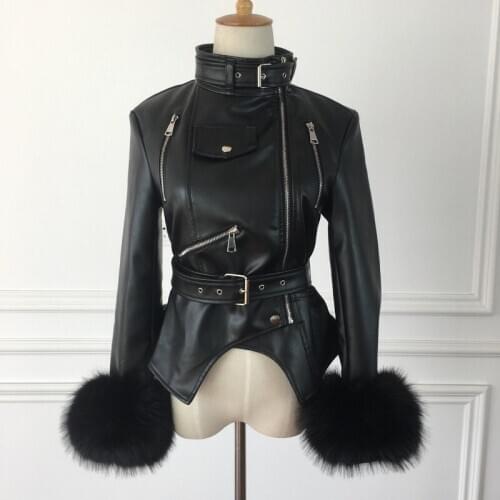 2020 Women Winter warm Fur Lining Belt Motorcycle Faux Leather Jackets Stand Collar Short Faux Sheep Leather Outerwear Coat A87
