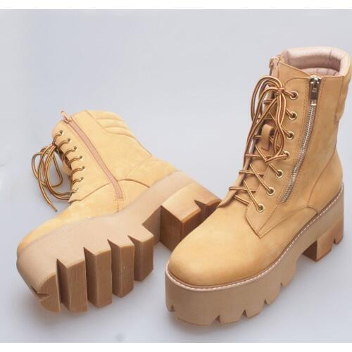 Harajuku New Thick Bottom Spring Autumn Womens Booties Round Toe Genuine Leather Front Lace Up Zip British Nubuck Ankle Boots