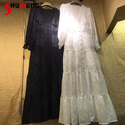 2021 Spring European Lantern Long Sleeve Jacquard Buttons Dress Female Temperament V-neck Cutout Lace Stitching White Dressess