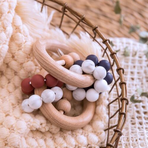 1pc Baby Rattles Bpa Free Beech Wooden Ring Teething Toys Food Grade Silicone Beads Nursing Baby Teether Wood Rattle