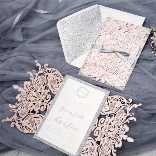 10 pieces/lot) European High-end Pink Wedding Invitation Card Laser Floral Gold Glittering Engagement Baptism Invitations