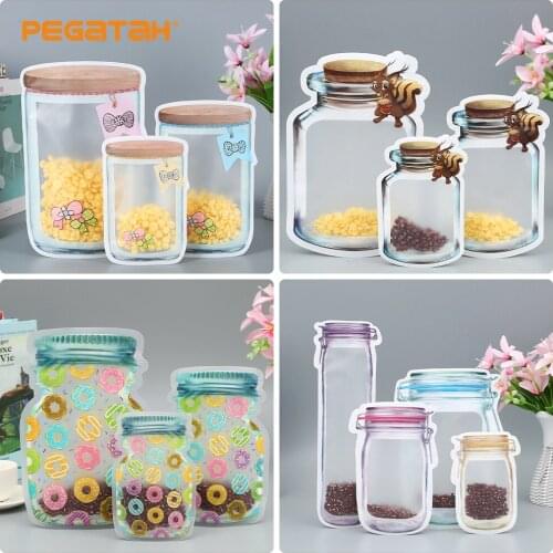 3Pcs Reusable Mason Jar Bottles Bag Waterproof Candy Grocery Cookies Seal Fresh Snacks Baking Food Storage Bag Kitchen Organizer