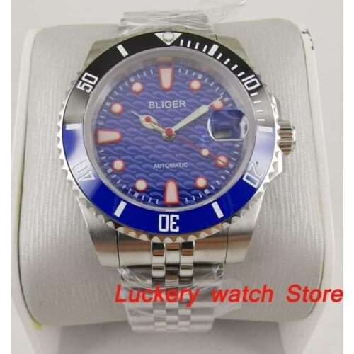 40mm bliger Luxury watch blue dial saphire glass;stainless steel Strap Automatic mens Mechanical Watches-BA205