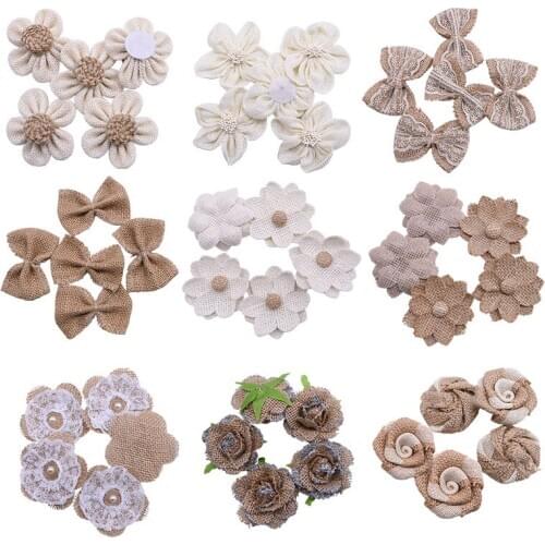 5pcs/lot Multi-style Handmade Burlap Flower Heads Vintage Hessian Bowknot Bow Craft Rustic Wedding Party Decoration Rose Flowers
