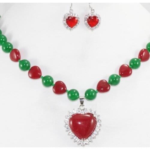 8mm green Malay Jade Pendant Necklace heart-shaped RUBY EARRINGS JEWELRY SET GIFT