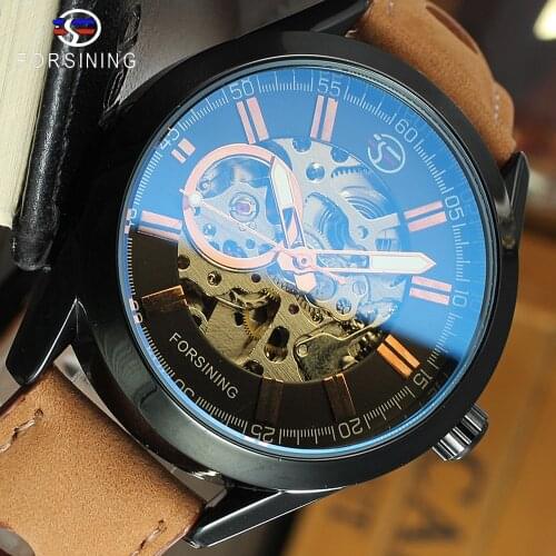 Forsining 2019 Mens Casual Sport Watch Genuine Leather Top Brand Luxury Army Military Automatic Mens Wrist Watch Skeleton Clock