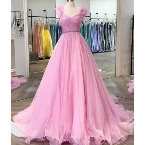 VKBRIDAL Middle East Long Tulle V-Neck Pink Prom Dresses Beading Maxi Backless Formal Evening Homecoming Party Gowns