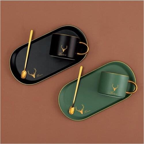 Ceramics Coffee Cups Gold Rim Christmas Cup Sets Mug and Saucers Spoon Tea Soy Milk