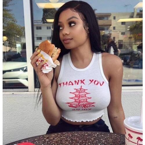 Summer Letter print Vest Tank laciness Halter Crop Tops Casual Sexy Short Slim Sleeveless Tight White Tops