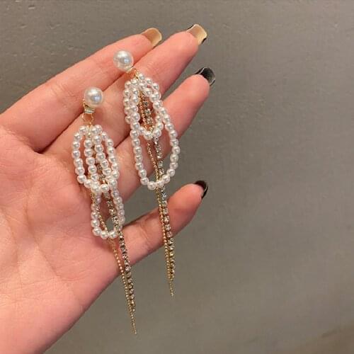 LOVOACC Korean Fashion Simulated Pearl Long Tassel Earrings for Women Gold Color Chain Shiny Rhinestone Drop Earrings Oorbellen