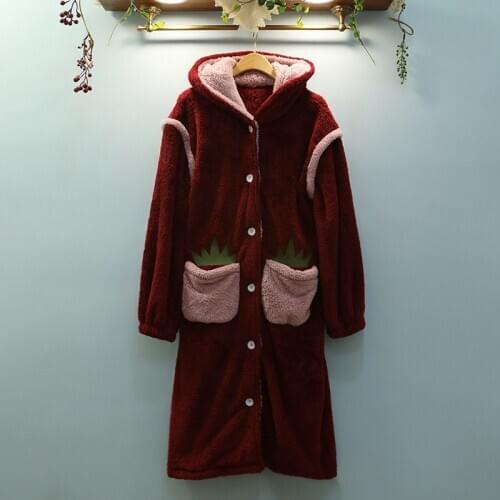 Womens nightgown autumn and winter new arrival thick coral fleece Korean pocket home service hooded bathrobe Gowns kimono robes