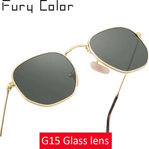 Real Glass lens fashion sunglasses Retro Round hexagonal luxury brand sun glasses women men eyewear shades gafas Oculos de sol