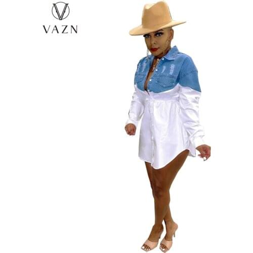 VAZN 2021 Early Autumn Patchwork High-end Nature Chiffon Shirt Dress Young Daily Full Sleeve Women Straight Mini Dress Vestido