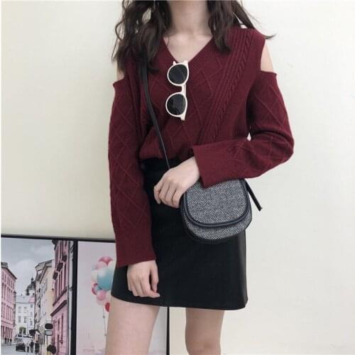 2021 Fall/Winter Fashion Womens New Slim Knit Top Long Sleeve Strapless V-neck Solid Color Pullover Ladies Sweater All-match