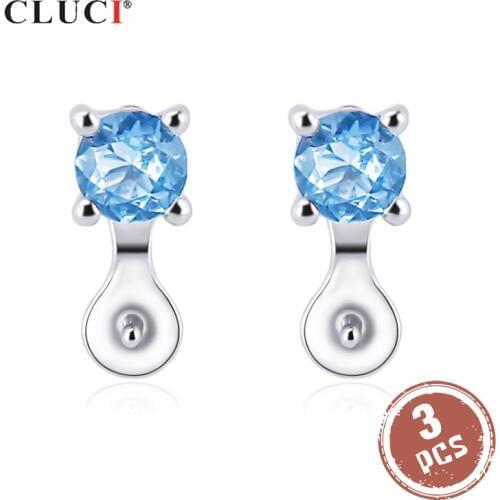 CLUCI 3 pair 925 Sterling Silver Stud Earring for Women Wedding Prong Setting Blue Zircon Pearl Earring Mounting Jewelry SE125SB