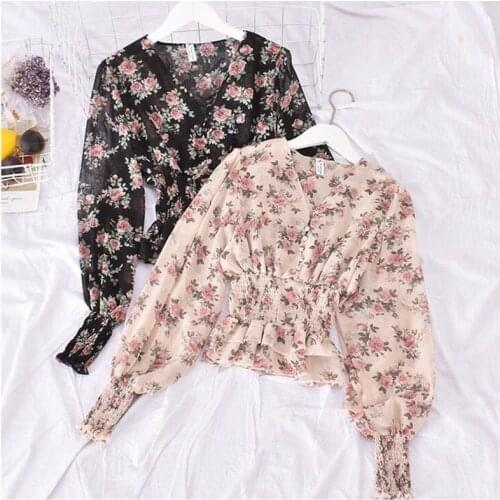 Lantern sleeve V-neck chiffon shirt female Japanese 2021 spring and autumn new fashion retro waist sweet short floral blouse