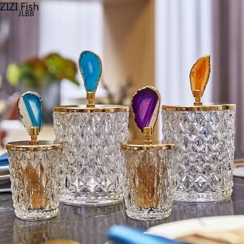 Glass Storage Jars Relief Tea Canister Candy Pot Natural Agate Stone Decorative Crystal Storage Jar with Cover Spice Organizer