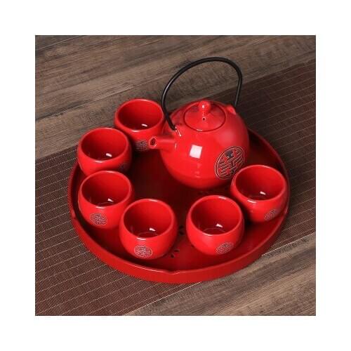 Chinese traditional red ceramic tea set suit creative wedding supplies tea cup pot tray newlywed gift Japanese teaware teapot
