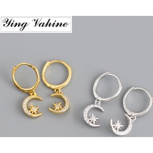 Ying Vahine 100% 925 Sterling Silver Small Moon with Star Pendant Drop Earrings for Women