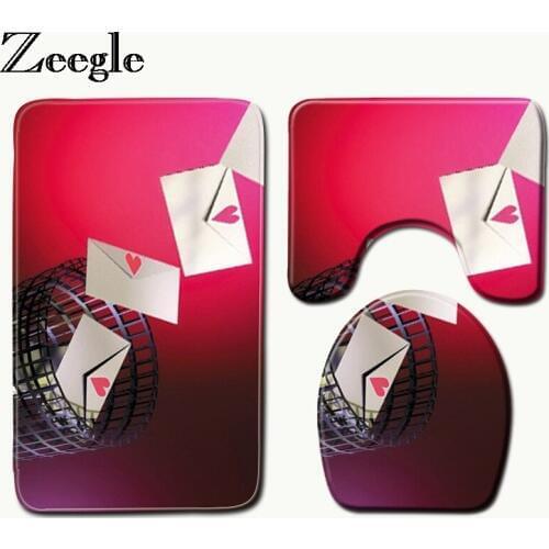Zeegle Heart Printed 3Pcs Mats For Toilet Bathroom Carpet Anti-slip Bath Mats Bathroom Rugs Absorbent Bath Rugs Shower Mats