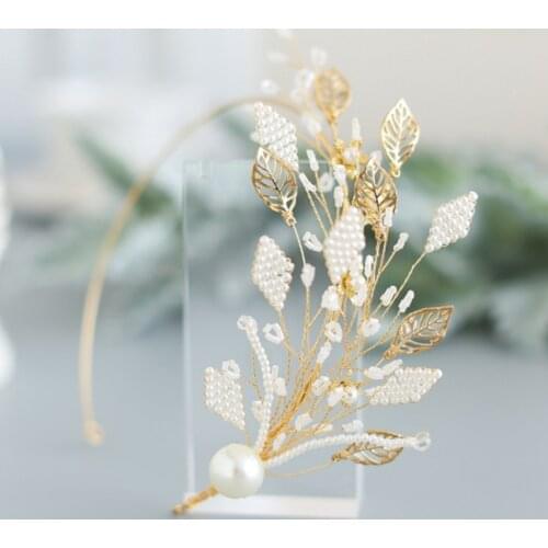 Pearl Beaded Leaf Women Headband Wedding Hair Accessories For Women Bride Tiara Headband Hair Jewelry Gold Color Hairband
