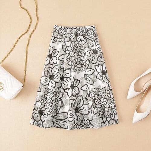 Women 2021 Summer High Waist Skirts Female Fashion Casual Midi Skirt Ladies Flower Print Vintage A-line Skirt Mujer Faldas F399