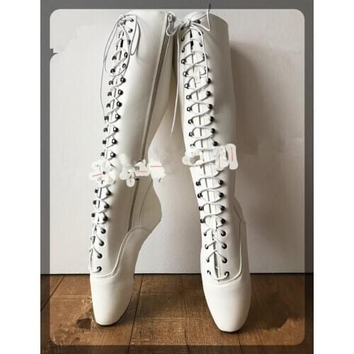 2019 New 18cm/7" High Heel Ballet Boots Women White Cross-tied Fetish Sexy Heelless Heels Knee-high Boots