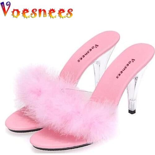 Shoes Woman Summer Sandals Feather Slides High - heeled Shoes 7-10cm Model Catwalk Transparent Glass Crystal Leopard Slippers