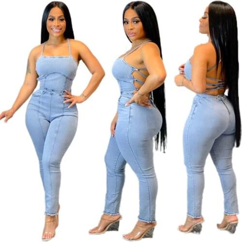 Casual Sexy Backless Bandage Jeans Denim Jumpsuits Plus Size Lace Up Jumpsuit Women Combinaison Femme Vestidos Mujer Verano 2021
