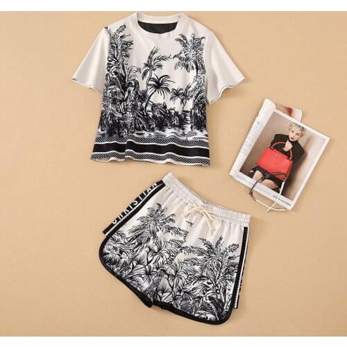 Women Shorts Suit 2021 Summer Female Holiday Beach Coconut Tree Ink Print Jacquard Top Shirts Set New