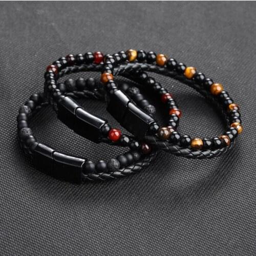 Natural Tiger Eye Stone Bracelet Leather Woven Bracelet Black Stainless Steel Magnetic Clasp Bracelet Men’s Jewelry