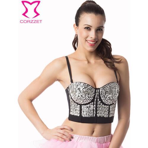 Corzzet Punk Gold Sequined Bustiers Bra Push Up Cup Top Burlesque Party Dancing Clubwear Erotic Underwear For Women Lingerie