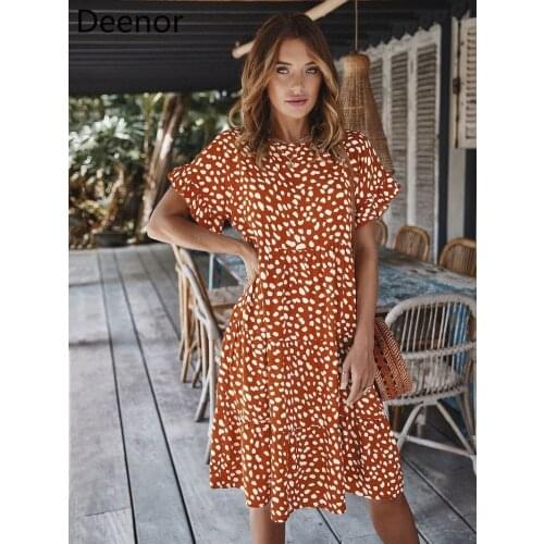 Deenor Women Polka Dot Print Dress Short Sleeve O Neck A-Line High Waist Ruffles Dresses Summer Beach Casual Vestidos