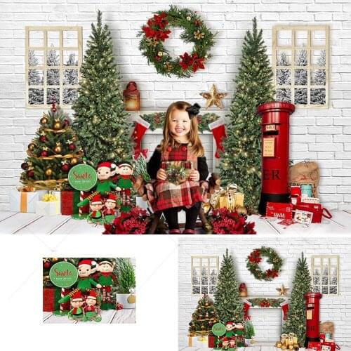 Winter Christmas Backdrop for Photography Xmas Trees Wreath Fireplace Santa Mailbox Decor Window Brick Wall Portrait Background