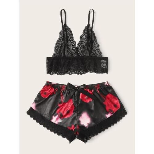 2 piece Lace soft sleepwear Womens Sexy Sling Lingerie New Fashion Underwear Set Bras Brief Sets Nightwear