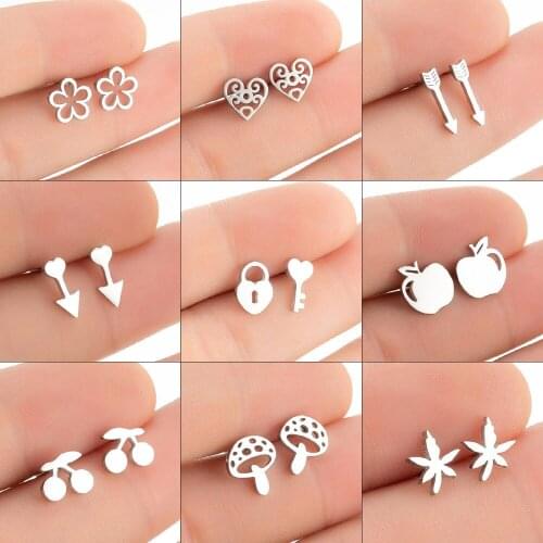 2021 new fashion flower earrings female simple earrings temperament stainless steel geometric maple leaf star cherry love ear je