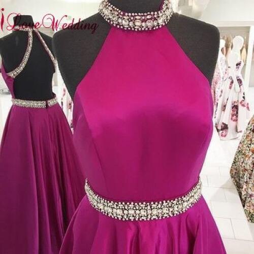 Hot Sale Halter Crystal Beadings Fuchsia Satin Sexy Open Back Elegant A Line Evening Dresses